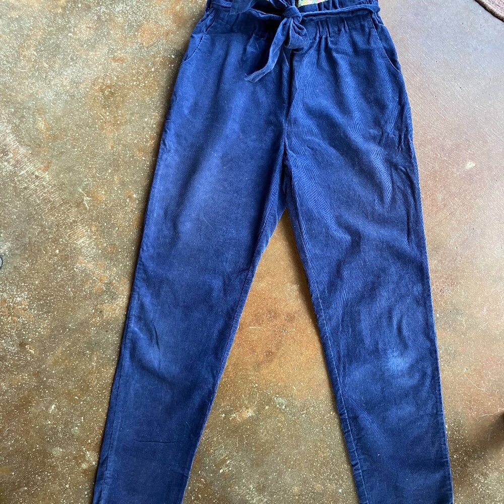 Girls navy blue cords with elastic waist ruffle tie,